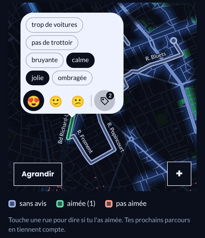 Écran de Burbin : une rue notée aimée sur la carte, avec les étiquettes jolie et calme